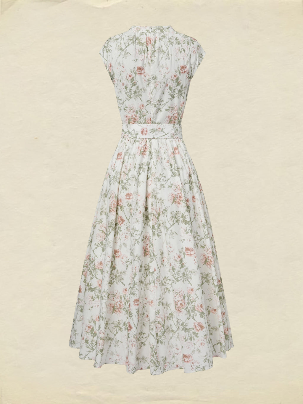 Midi Cotton Dress, Cap Sleeves, Round Neck, Floral, Belt Design, Vintage, Apricot