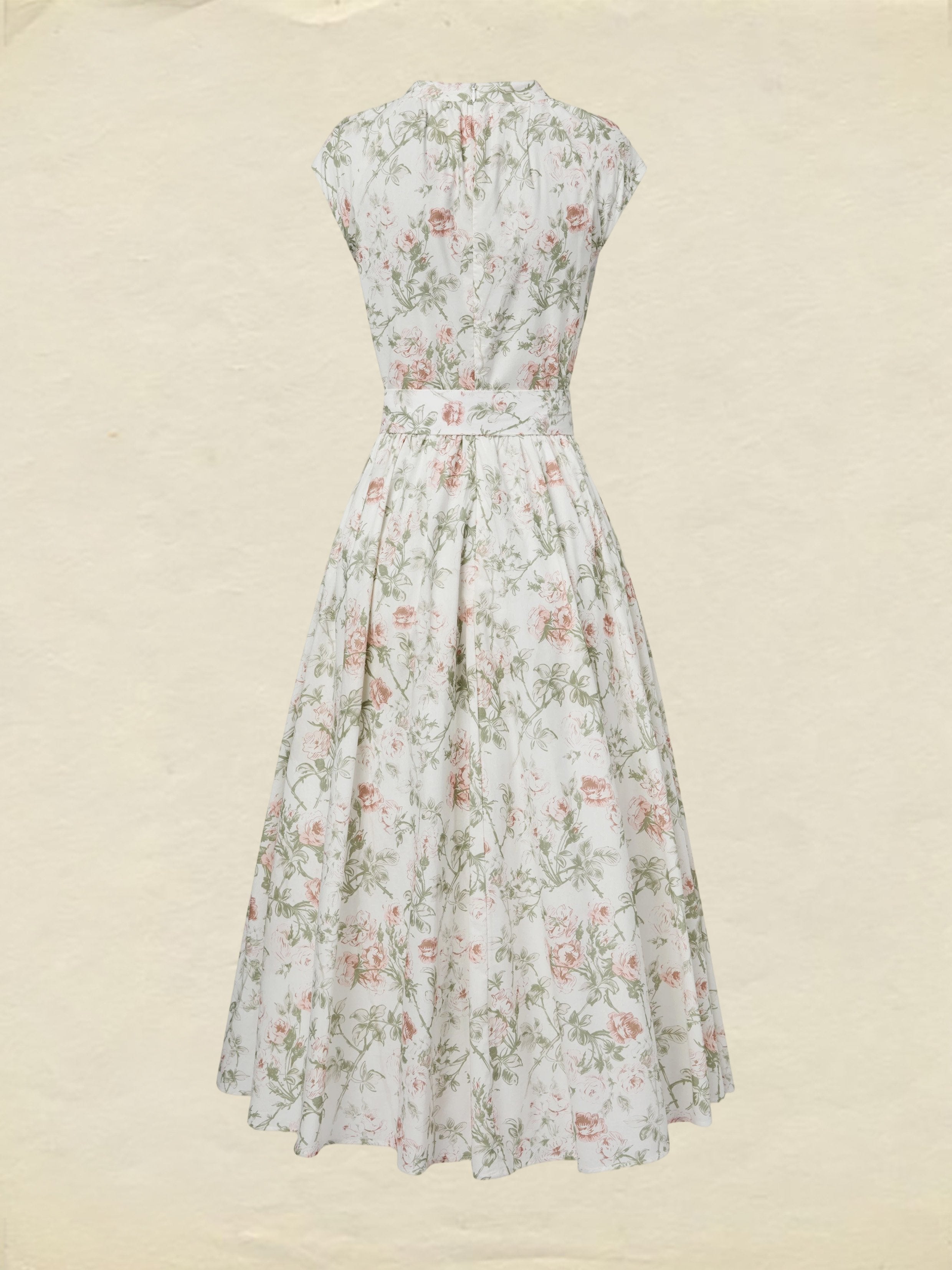 Midi Cotton Dress, Cap Sleeves, Round Neck, Floral, Belt Design, Vintage, Apricot