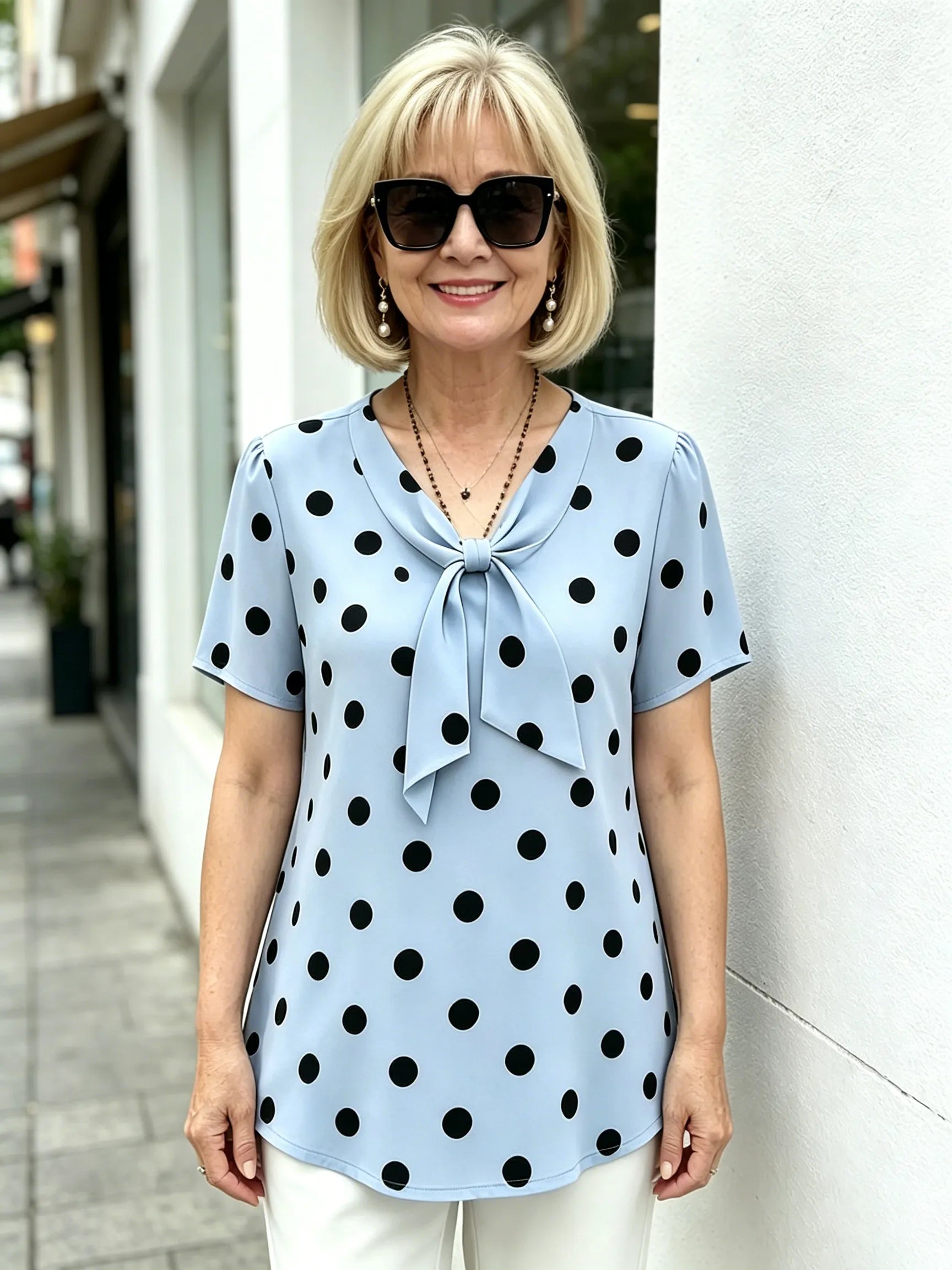 Yellow Polka Dot Chiffon Blouse, V Neck Front Tie Short Sleeve Loose Tummy Concealing Shirt for Mature Women