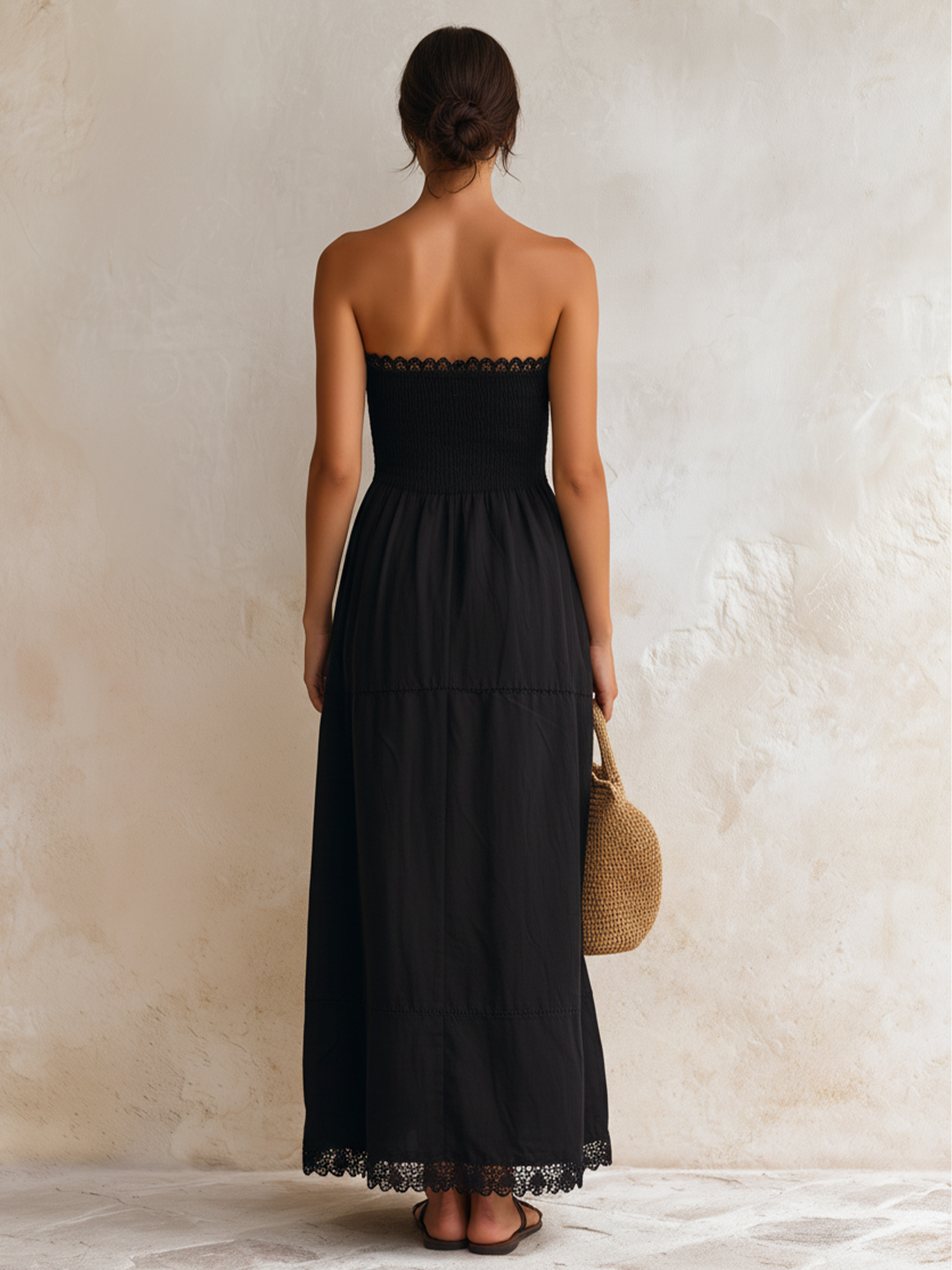 Black Cotton-Linen Blend Strapless Lace Trim Tiered Maxi Dress