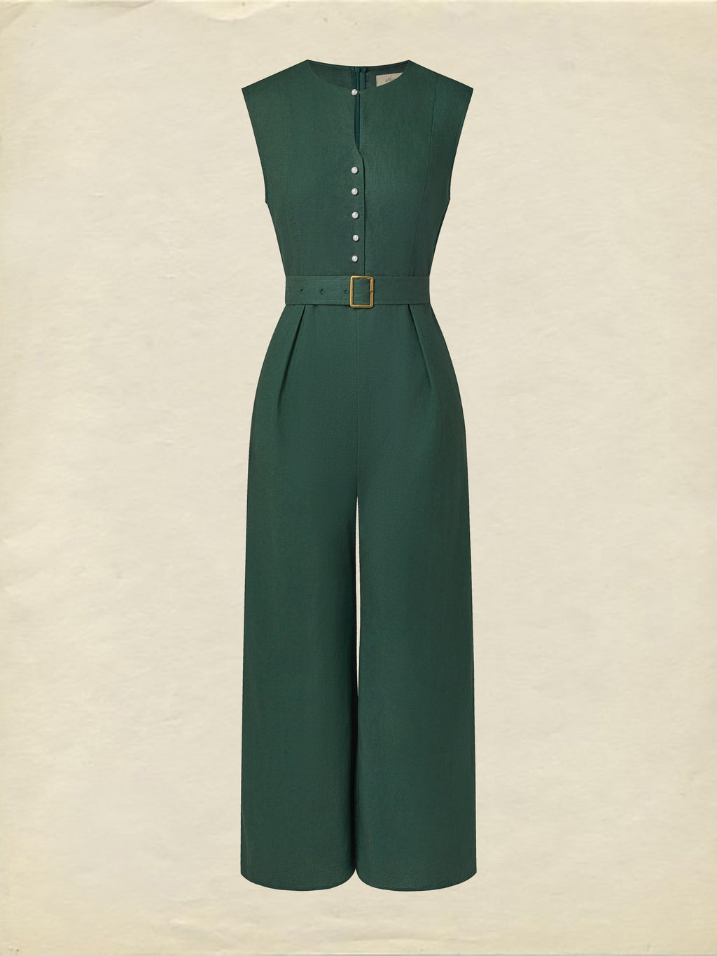 Linen Jumpsuit , Sleeveless, V Neck, Plain, Button Design, Vintage, Green