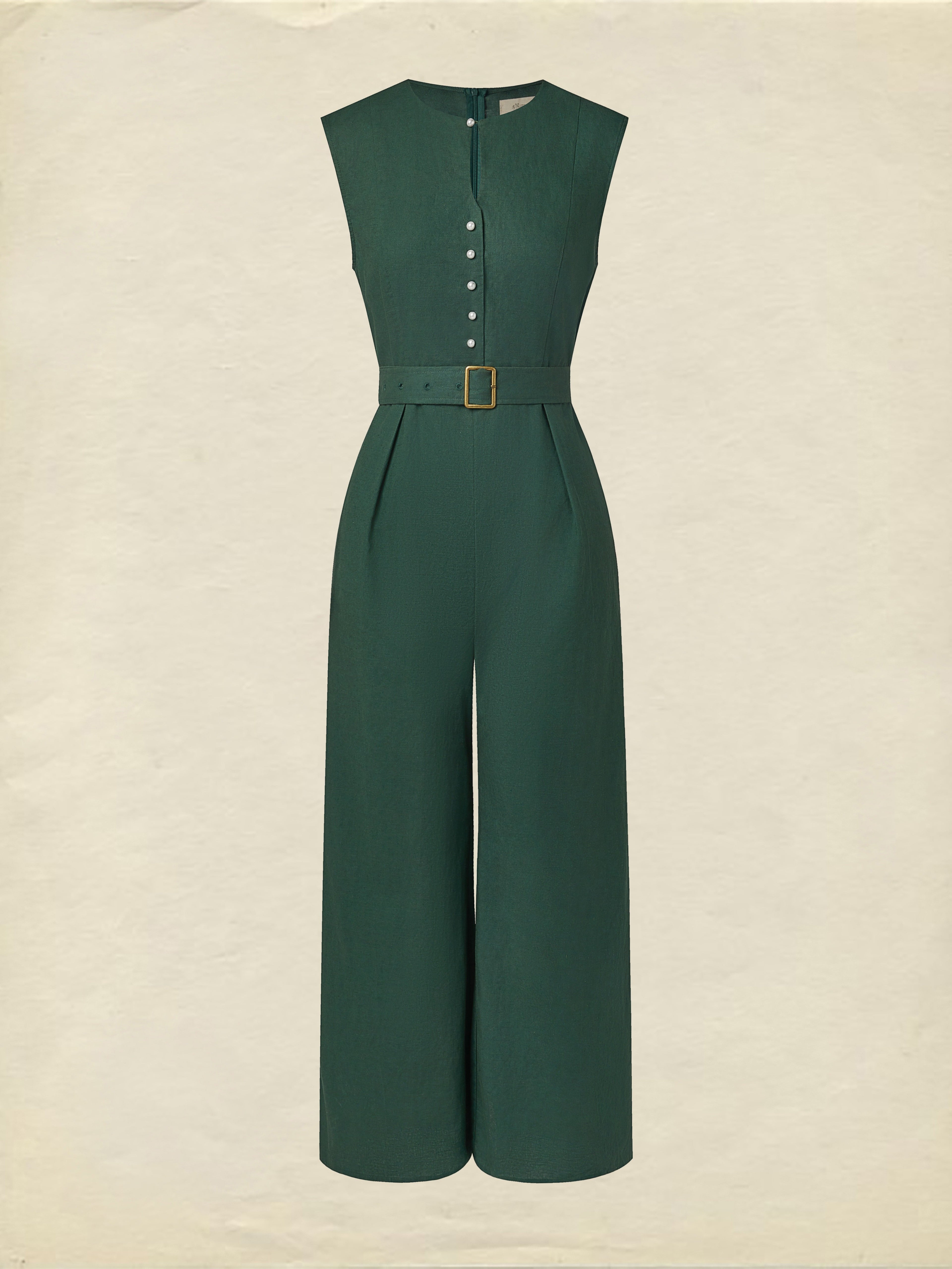 Linen Jumpsuit , Sleeveless, V Neck, Plain, Button Design, Vintage, Green