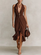 Chocolate Brown Cotton-Linen Blend Halter Neck Zip-Front Ruffle Midi Dress