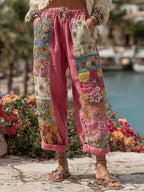 Women's Bohemian Floral Embroidery Art Contrast Color Linen Blend Casual Pants