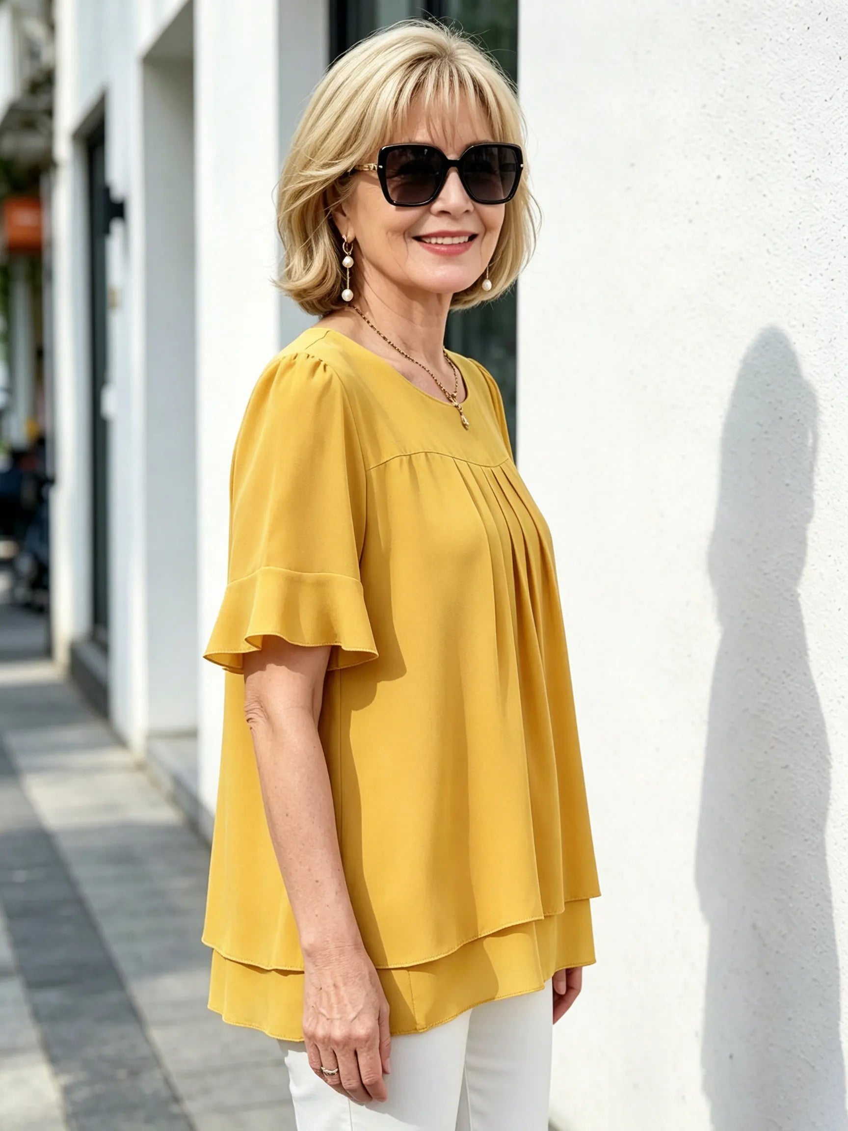 Pink Layered Chiffon Tunic Top, Round Neck Ruffle Short Sleeve Loose Tummy Concealing Blouse for Mature Women