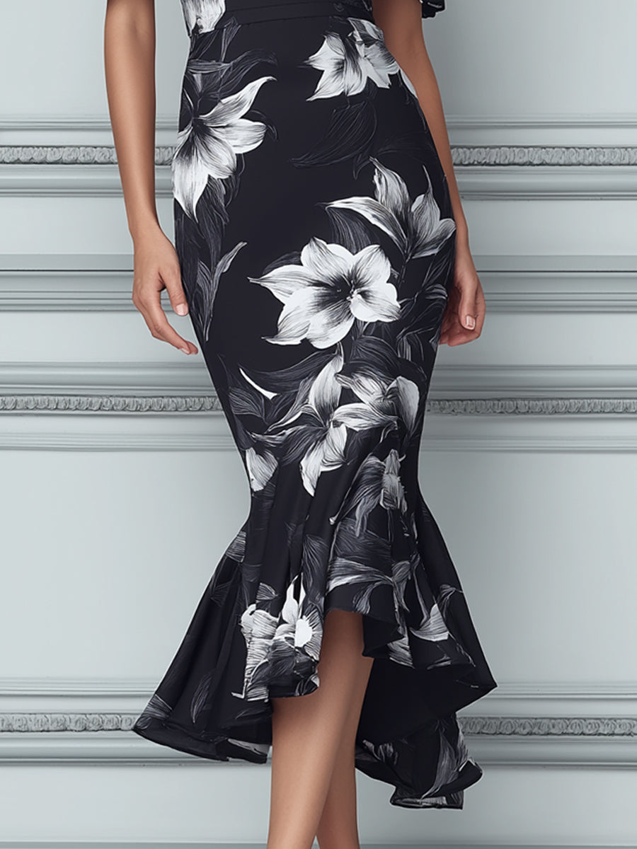 Black And White Floral Off-the-Shoulder Ruffled Midi Dress