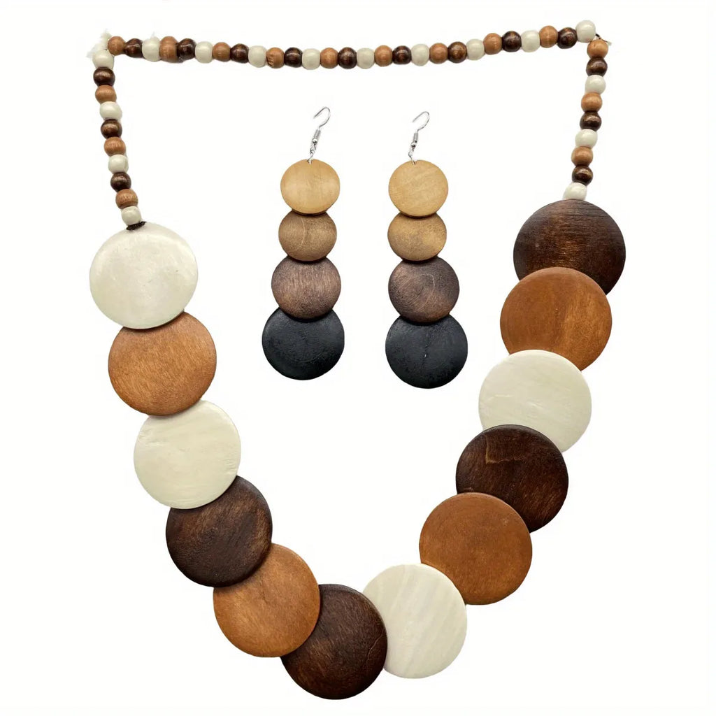 Rustic Bohemian 3-Piece Jewelry Set, Vintage Wooden Necklace, Earrings, and Bracelet Combo, Ethnic Style Wooden Accessory Kit for Women