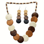 Rustic Bohemian 3-Piece Jewelry Set, Vintage Wooden Necklace, Earrings, and Bracelet Combo, Ethnic Style Wooden Accessory Kit for Women