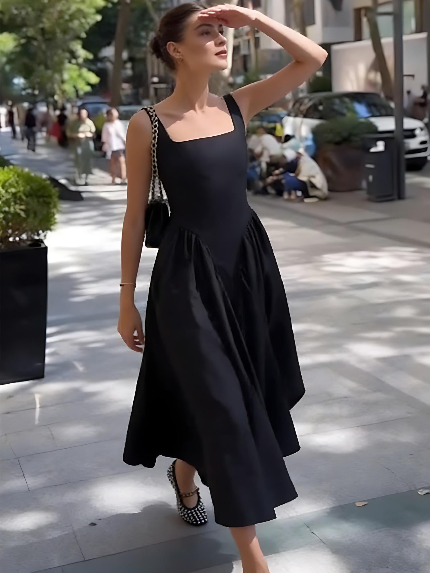 Black Square Neck Back Bow Midi Dress