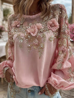 Women's Elegant Pink Flower Embroidery Art Round Neck Long Sleeve T-shirt