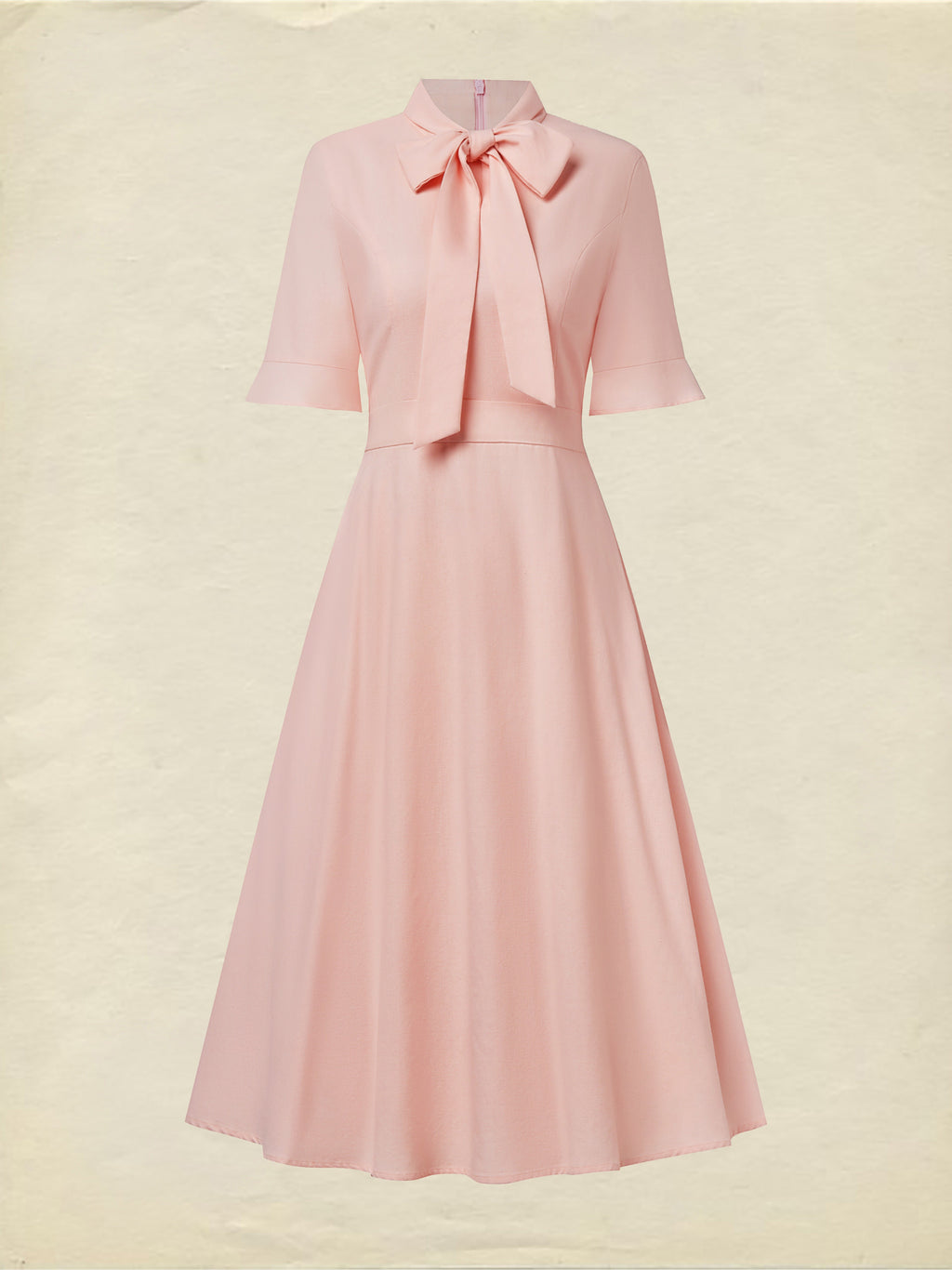 Midi Linen Dress , Half Sleeve, Round Neck, Plain, Bow, French Vintage, Light Pink