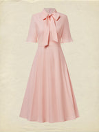 Midi Linen Dress , Half Sleeve, Round Neck, Plain, Bow, French Vintage, Light Pink