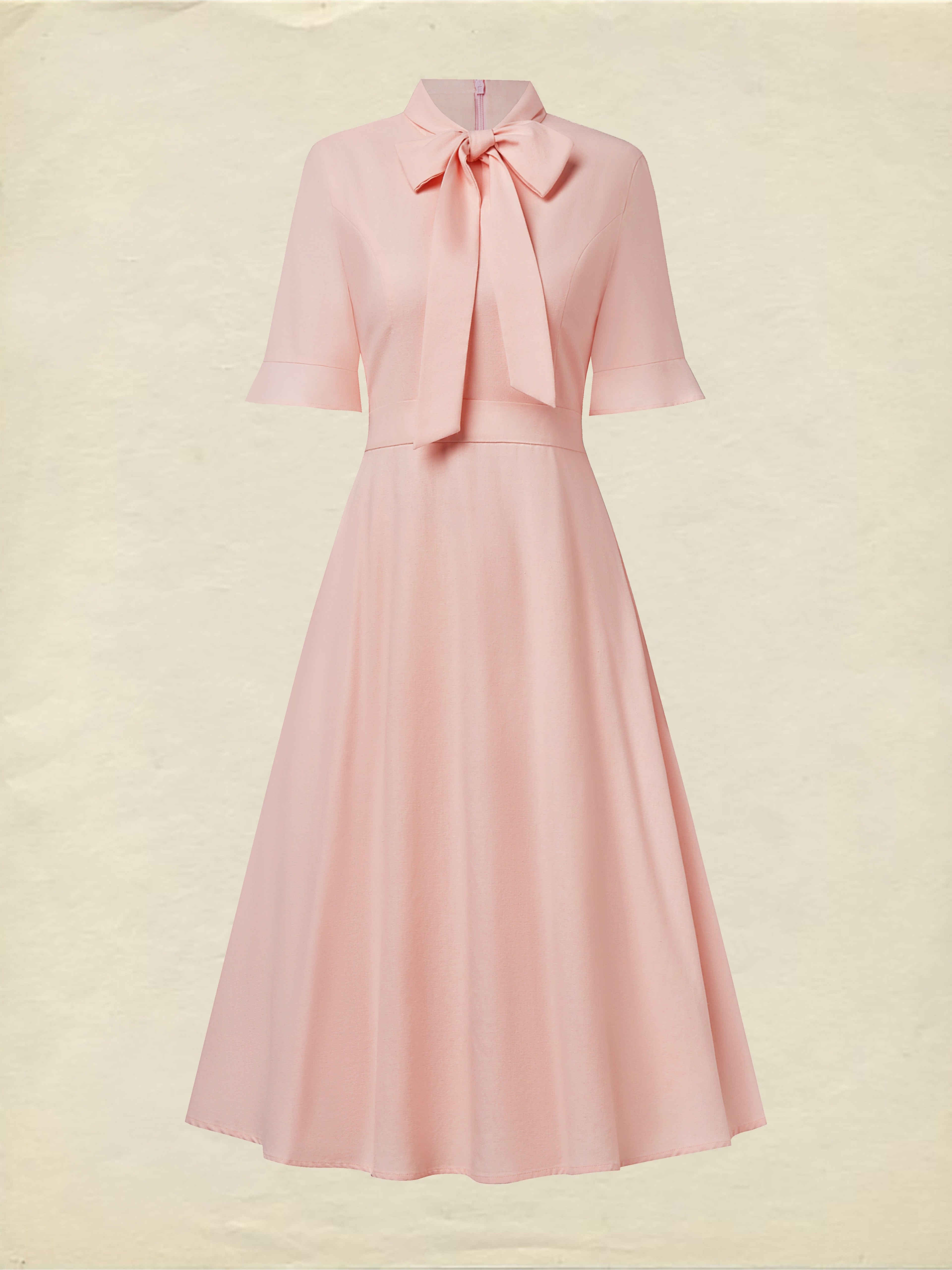 Midi Linen Dress , Half Sleeve, Round Neck, Plain, Bow, French Vintage, Light Pink