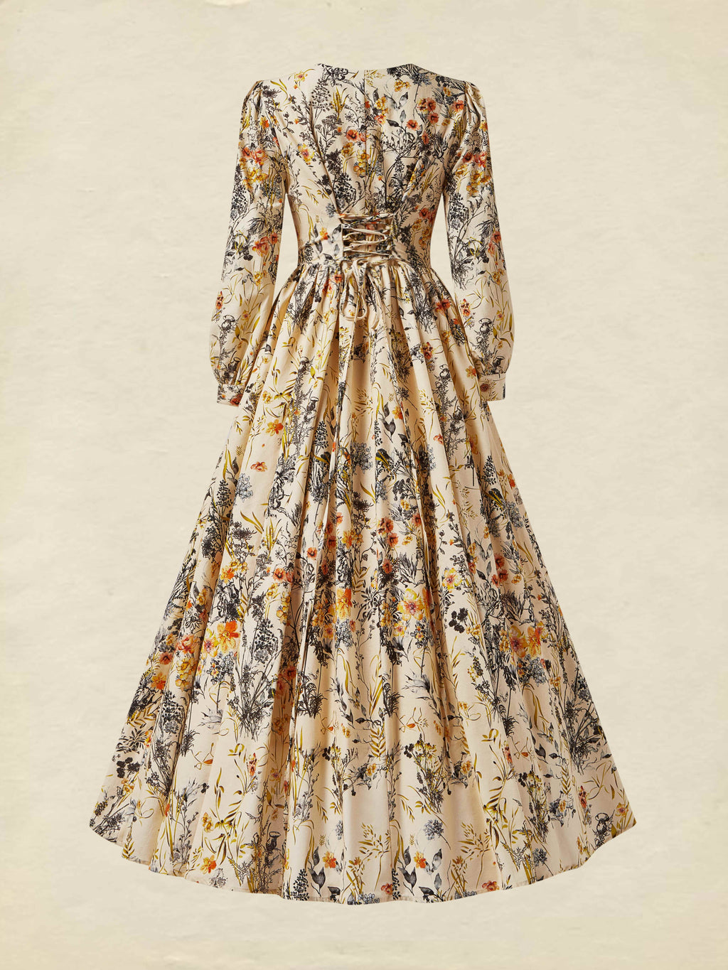 Linen Maxi Dress, Long Sleeves, V Neck, Floral, Apricot,Daily