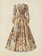 Linen Maxi Dress, Long Sleeves, V Neck, Floral, Apricot,Daily