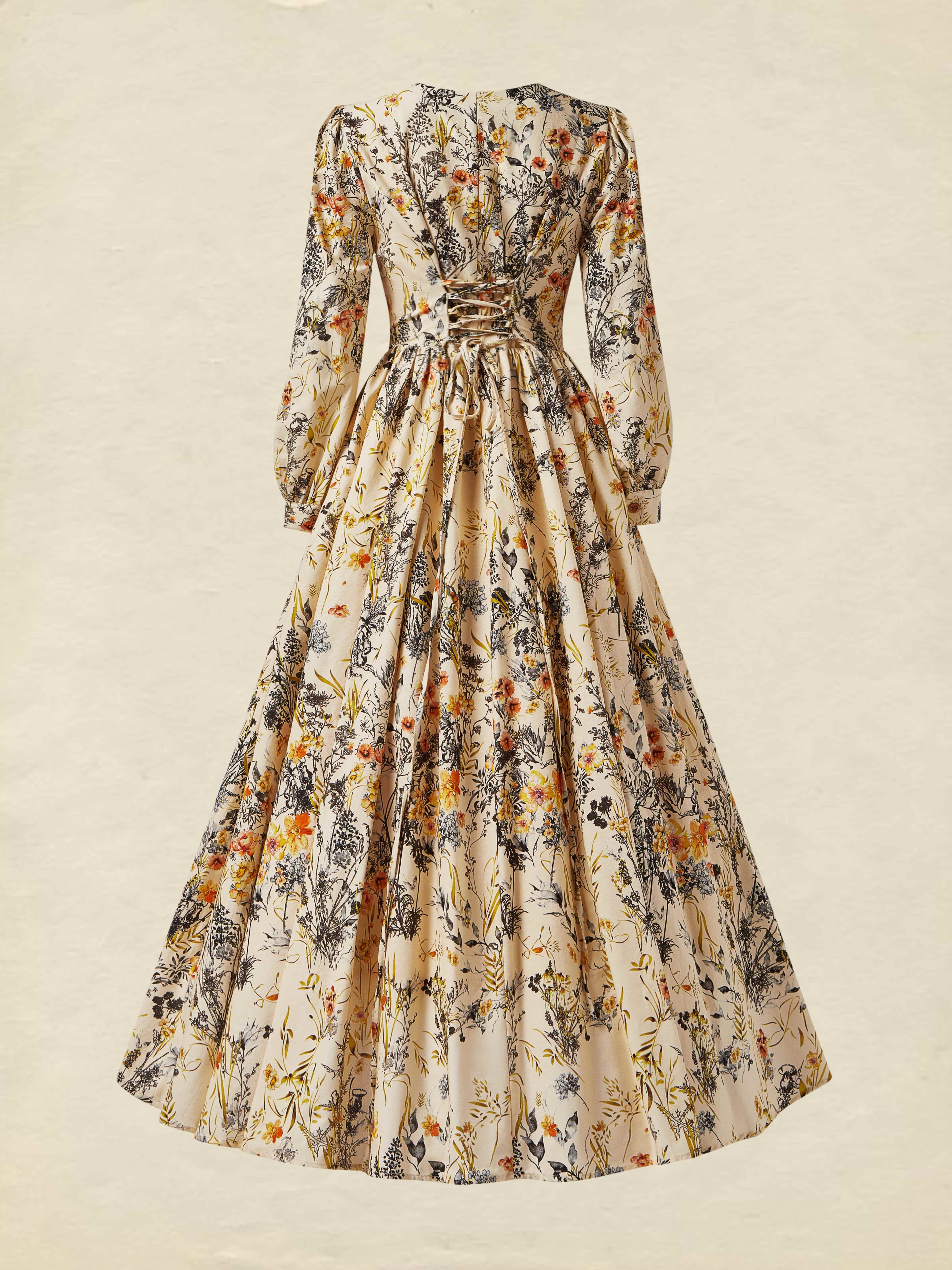 Linen Maxi Dress, Long Sleeves, V Neck, Floral, Apricot,Daily