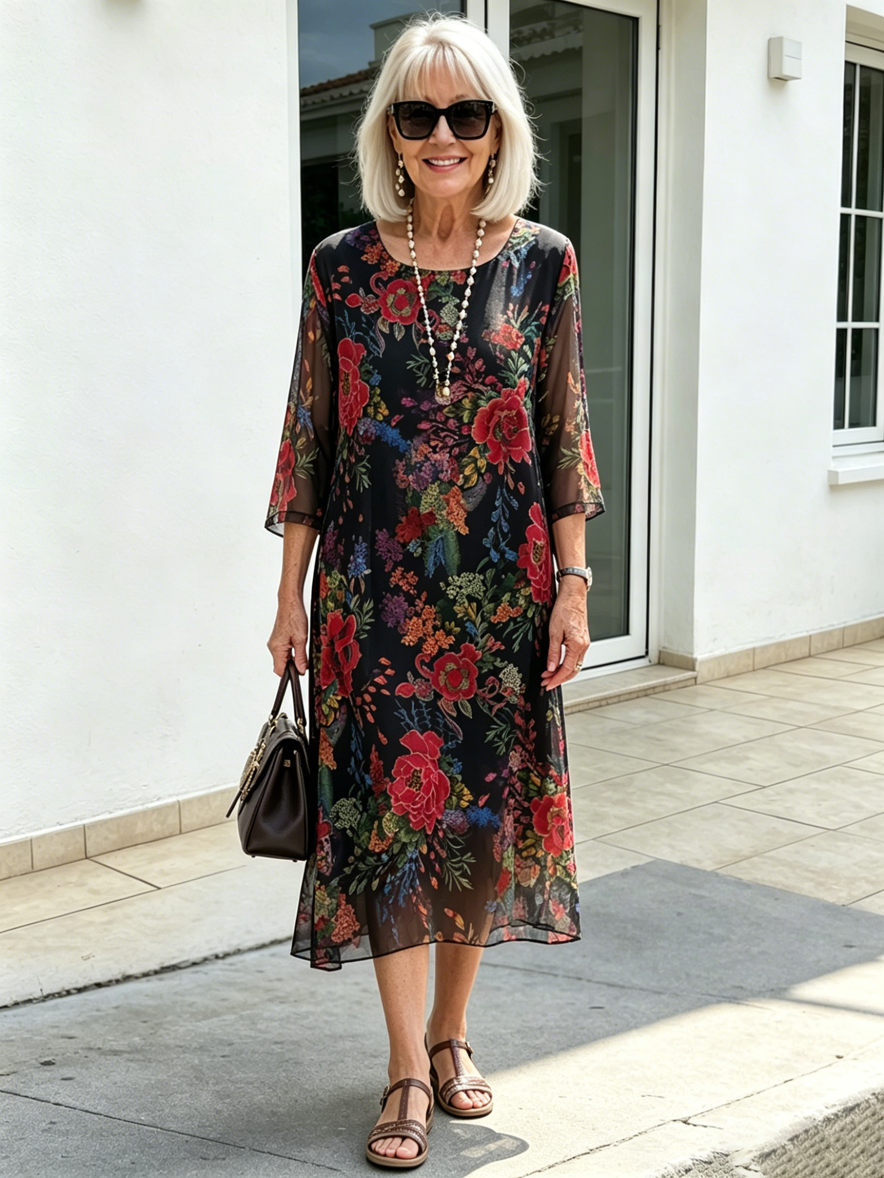 Black Floral Chiffon Midi Dress, Loose Tummy Hiding 3/4 Sleeve Printed Dress for Mature Women