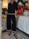 Women's Casual Cotton Set: Loose-fit V-neck 3/4-sleeve Top & High-waisted Wide-leg Pants