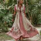 Women's Vintage Rose Floral Pattern V-neck Dress