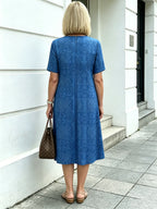 Blue Paisley Print Loose Midi Dress, Round Neck Short Sleeve Tummy Concealing Slimming Temperament Dress for Mature Women