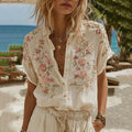 Women's Vintage Pink Floral Embroidery Art Casual Short Sleeve Shirt