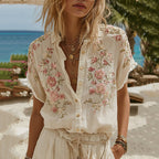 Women's Vintage Pink Floral Embroidery Art Casual Short Sleeve Shirt