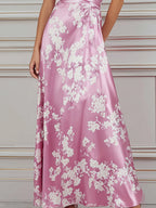 Blush Pink Cherry Blossom Print Satin Maxi Dress