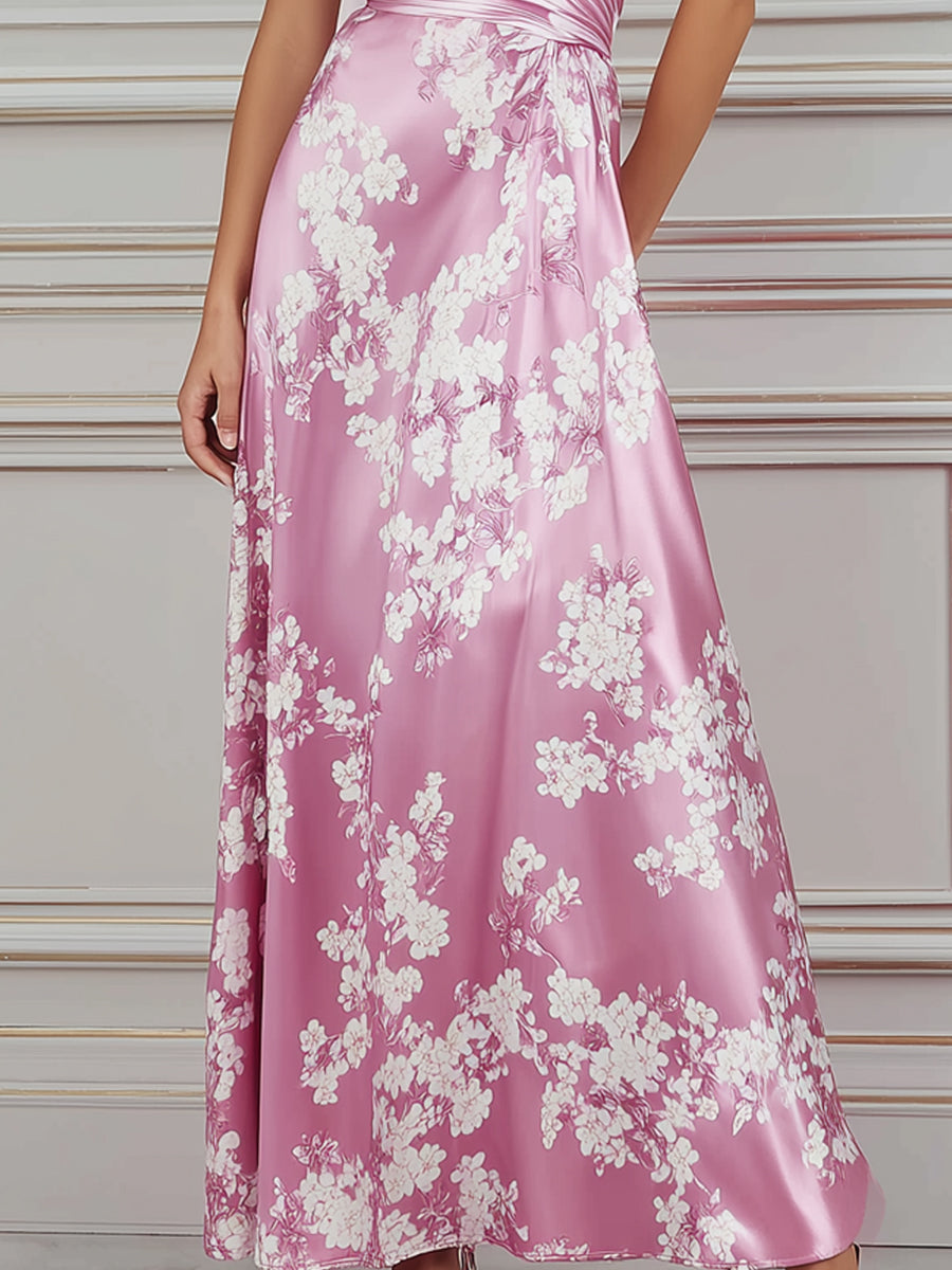 Blush Pink Cherry Blossom Print Satin Maxi Dress