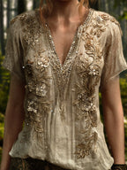 Bohemian Style Golden Sequin Flower Glowing Vintage V-neck Short-sleeved Shirt