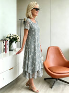 Grey & Orange Floral Mesh Layered Midi Dress, Round Neck 3/4 Sleeve Loose Tummy Concealing Plus Size Dress for Mature Women