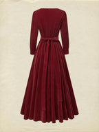 Maxi Cotton Dress, Half Sleeve, Square Neck, Plain, Pocket Design, Vintage, Red