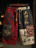 Men's Japanese Dragon Color Block Art Linen Casual Shorts