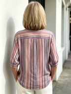 Contrasting Striped Shirt Lapel Single-breasted Medium Sleeve Top Women's Shirt