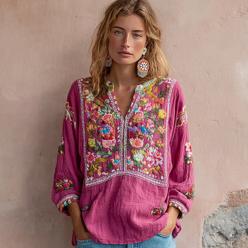 Women's Vintage Flower Embroidery V-neck Long Sleeve Linen Blend Blouse