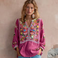 Women's Vintage Flower Embroidery V-neck Long Sleeve Linen Blend Blouse