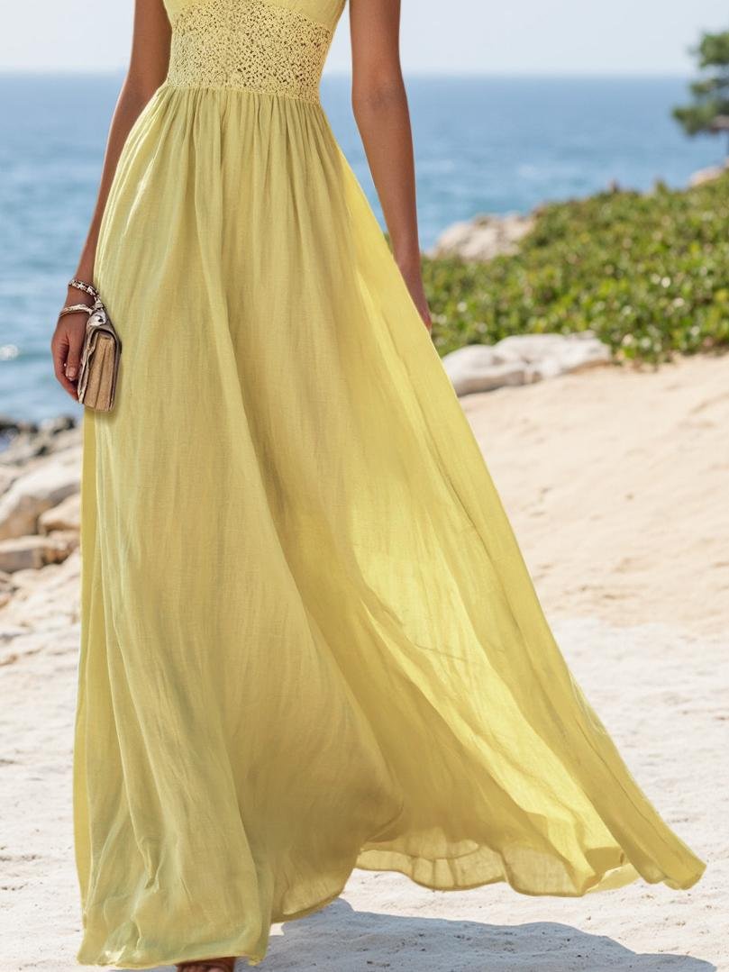 (SIZE:XS-XXL)Linen Maxi Dress, Sleeveless, V neck, Plain, Vintage, Yellow