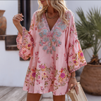 Bohemian Style Rose Pattern Design With Sparkles V-neck Woman's Dress