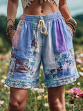 Women's Patchwork Floral Contrast Waist Drawstring Pocket Shorts