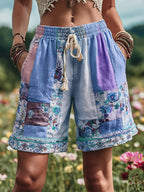 Women's Patchwork Floral Contrast Waist Drawstring Pocket Shorts