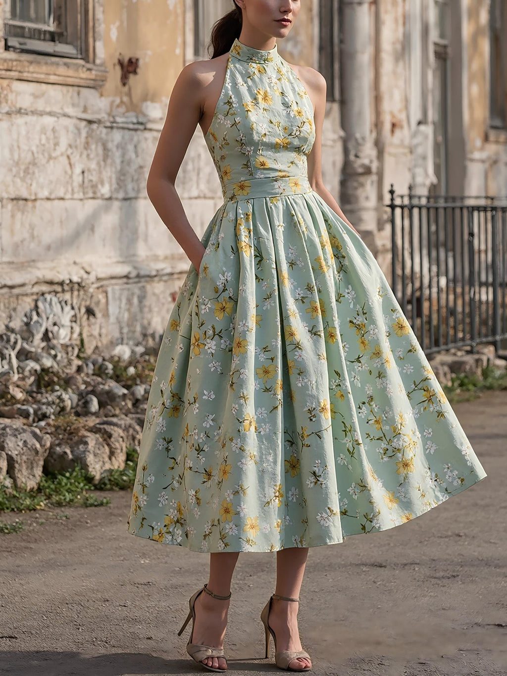 Midi Linen Dress , Sleeveless, Halter, Floral, Pocket Design, Vacation, Vintage, Green