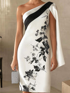One-Shoulder Cape Sleeve Dress with Floral Print