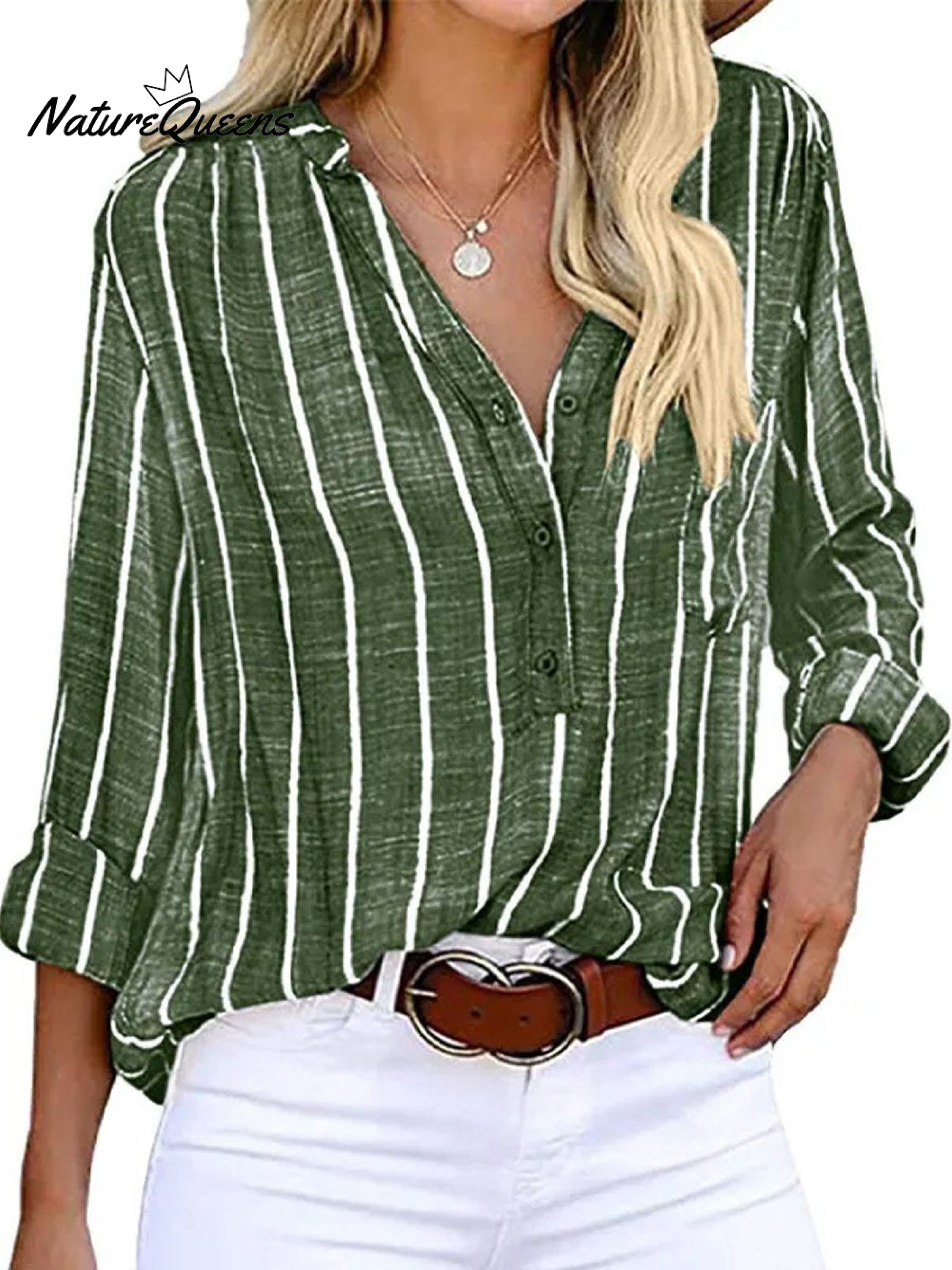 Women‘s Long Sleeve Blouse Ladies Fashion V-Neck Stripe Shirt