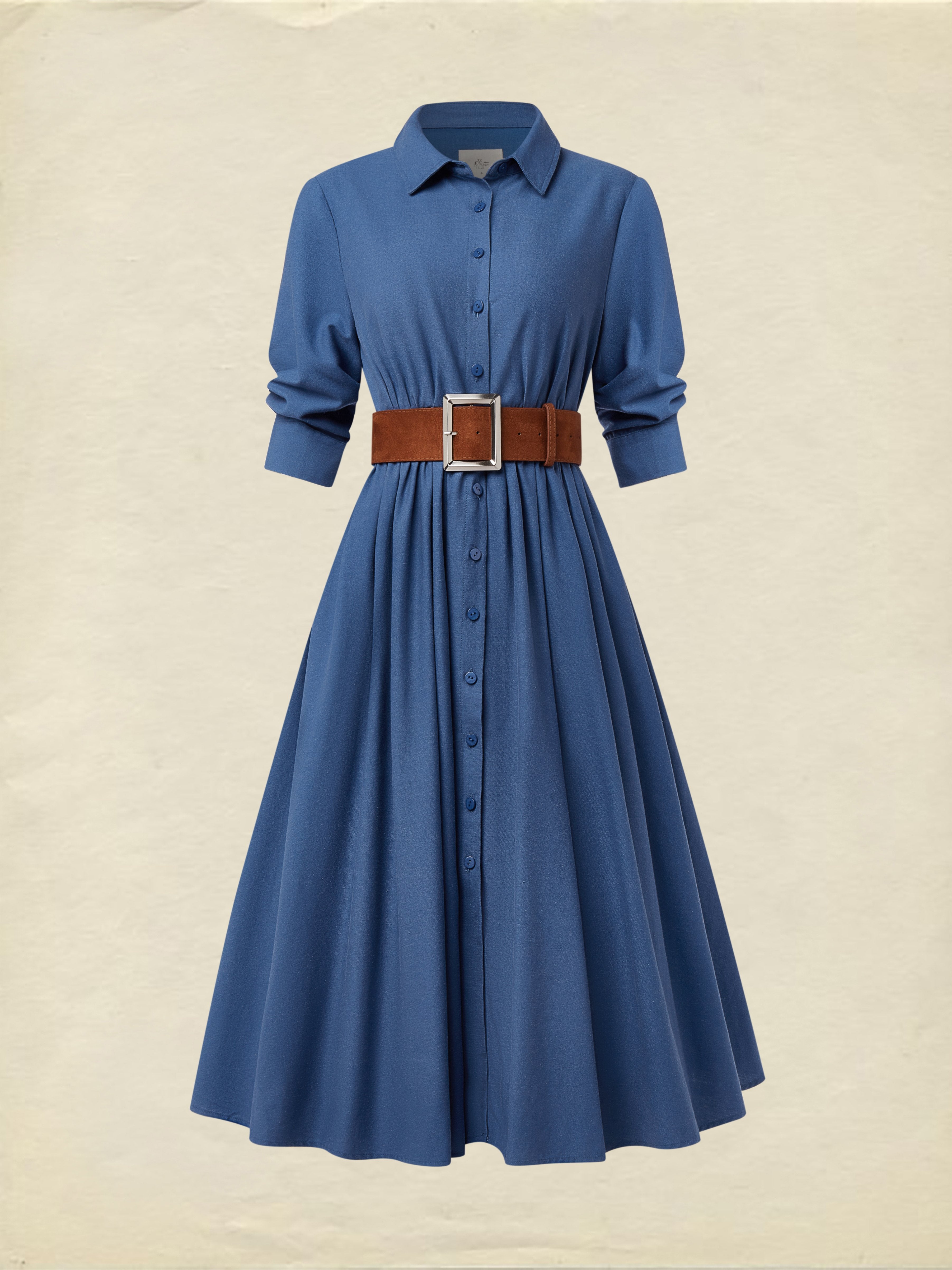 Midi Linen Dress, Half Sleeves, Shawl Collar, Plain, Button Design, Vintage, Dark_blue