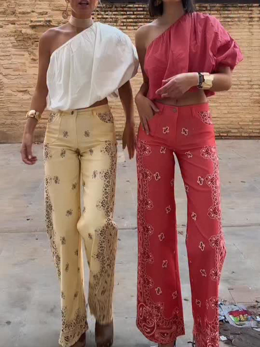 Casual Bohemian Paisley Print Cotton Pants