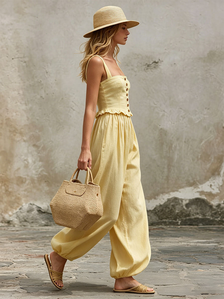 Casual Retro Yellow Sleeveless Ruffled Cotton-linen Top And Wide-leg Pants Set
