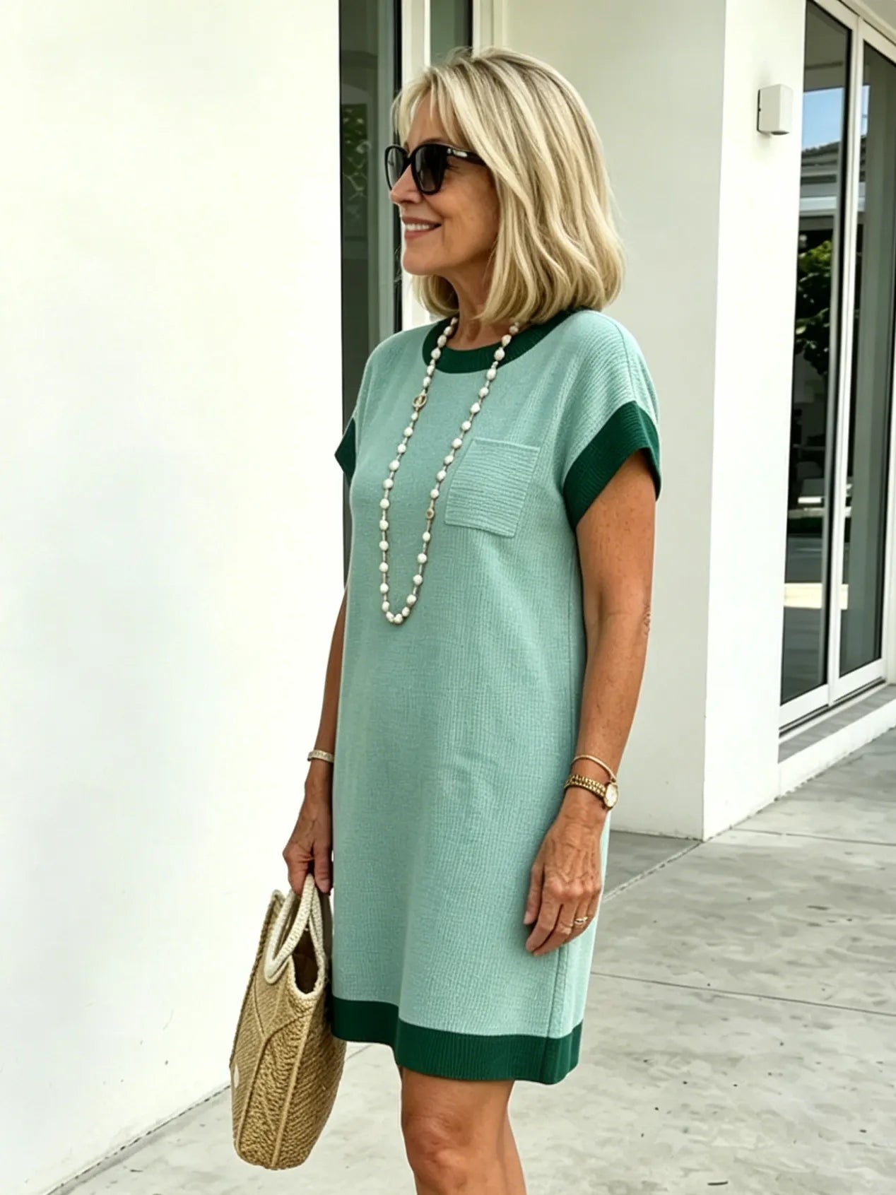 Textured Fabric Casual Contrast Twist Strip Short Sleeve Pocket Dress