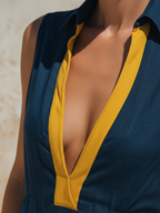 Navy Blue Tencel Denim Contrast Trim Sleeveless Maxi Dress