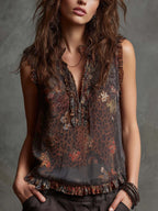 Boho Chiffon Sleeveless Leopard Floral Ruffle Top