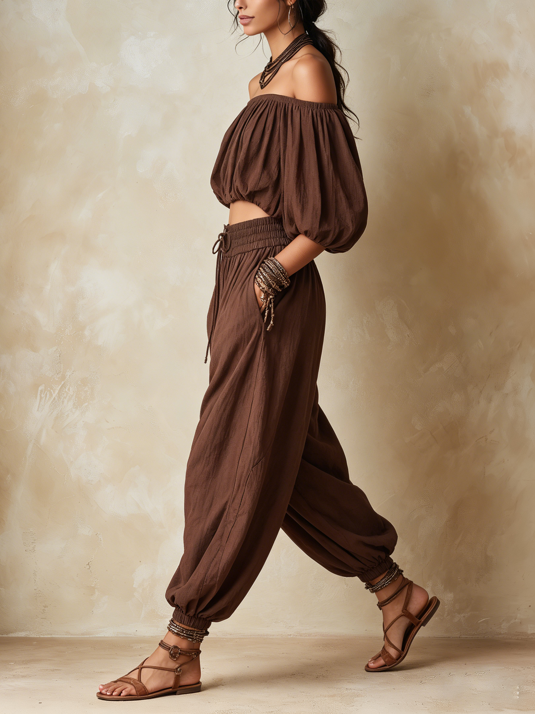 Bohemian Off-Shoulder Crop Top & Harem Pants Two-Piece Set