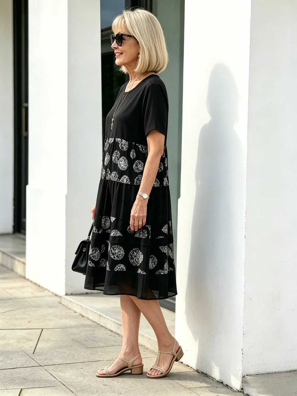 Black Polka Dot Fake Two-Piece Tiered Midi Dress, Round Neck Short Sleeve Loose Tummy Concealing Summer Dress for Mature Women